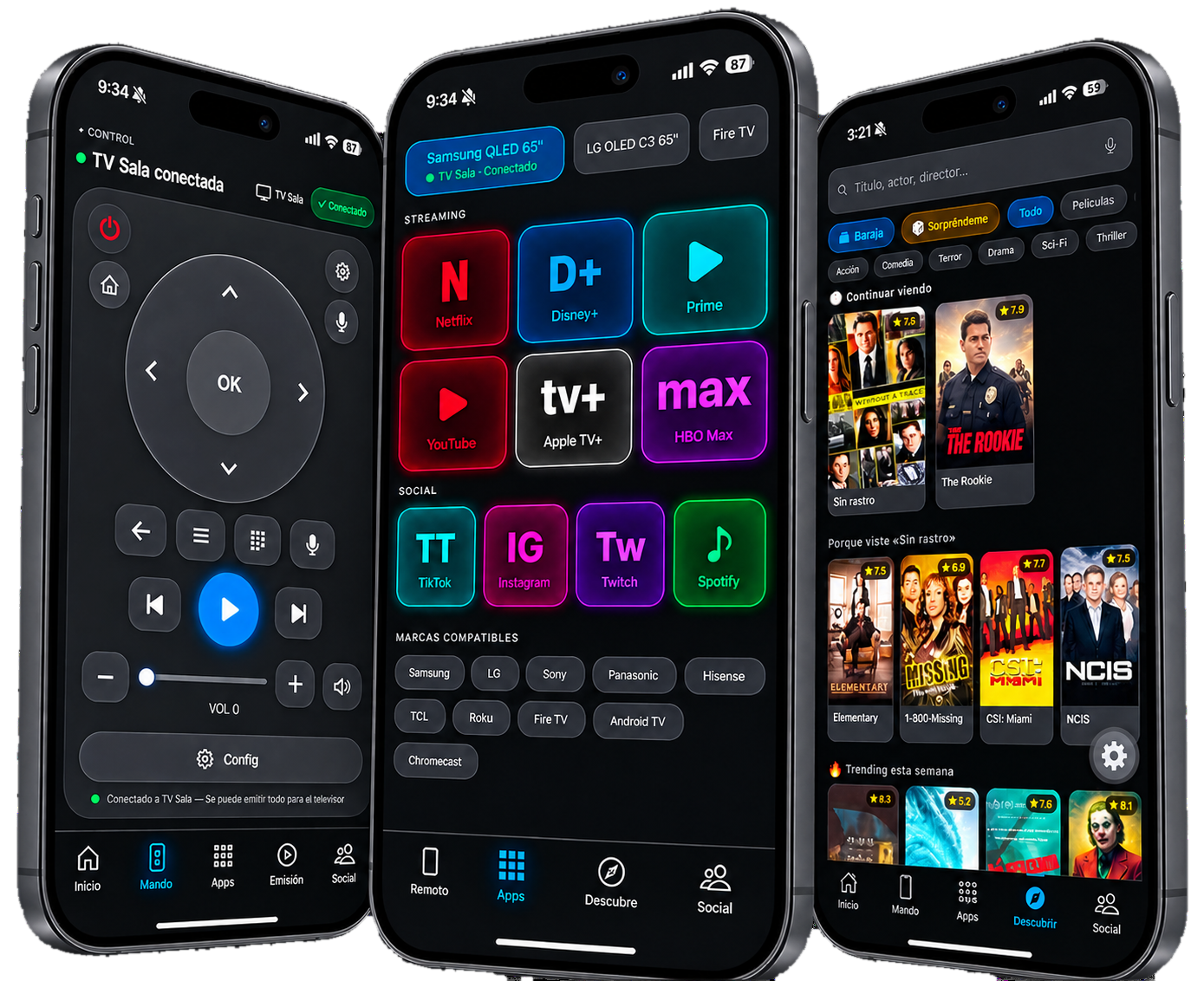 Control remoto universal en tres iPhone: mando, apps de streaming y descubrimiento de contenido