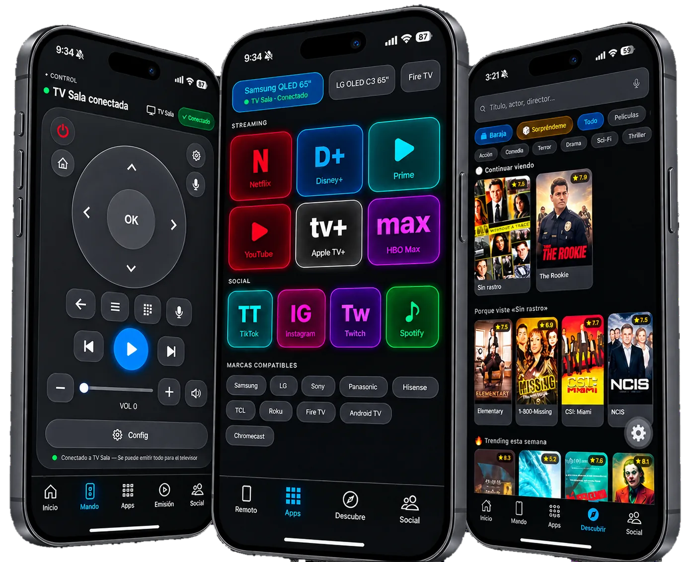 Control remoto universal en tres iPhone: mando, apps de streaming y descubrimiento de contenido