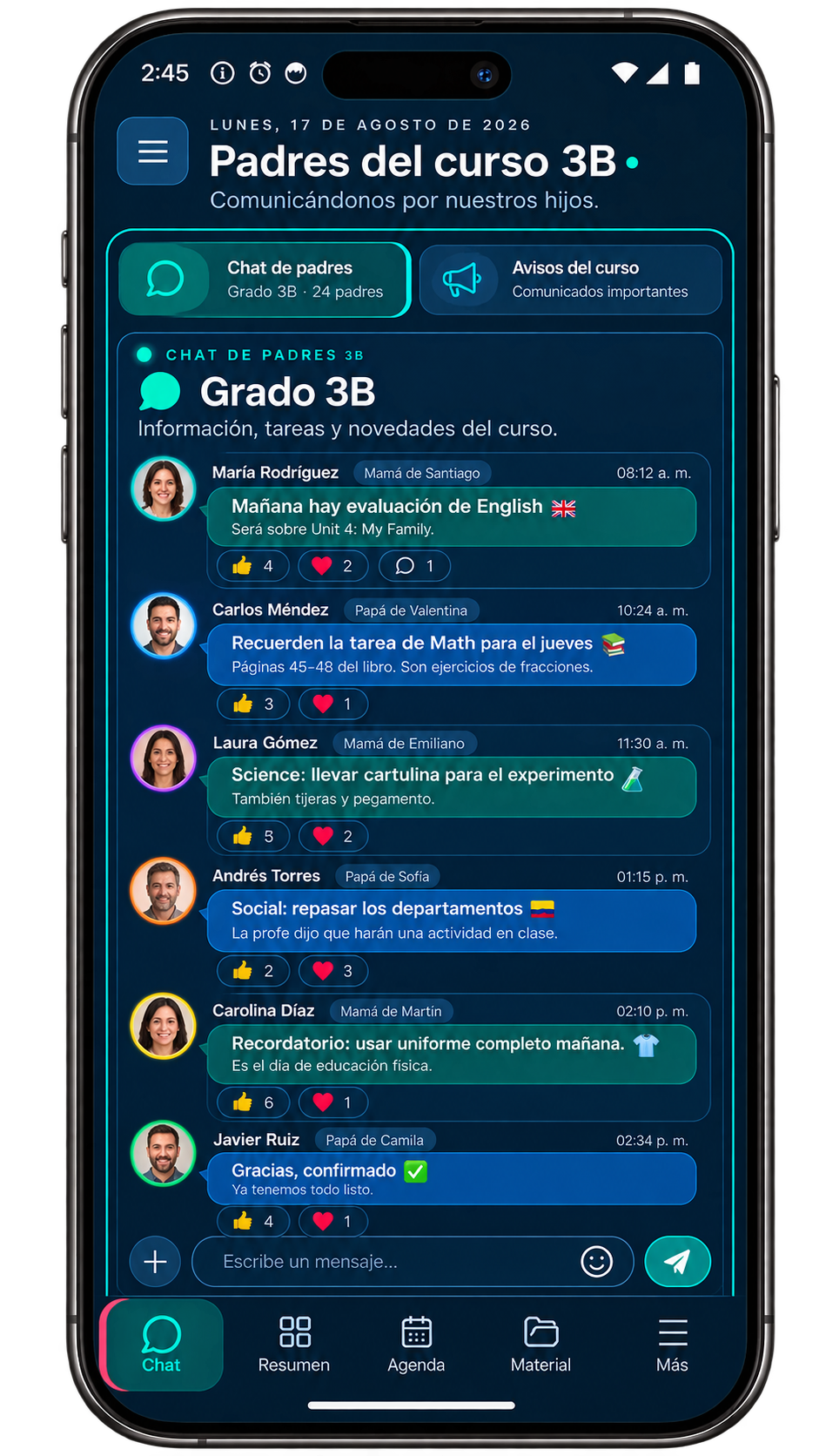 Chat de padres del curso 3B con tareas y avisos